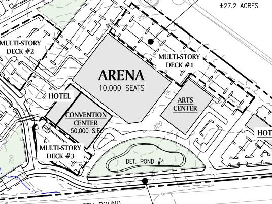 Site plan excerpt for arena and convention center at Reeves Creek (Forest Development Group photo)