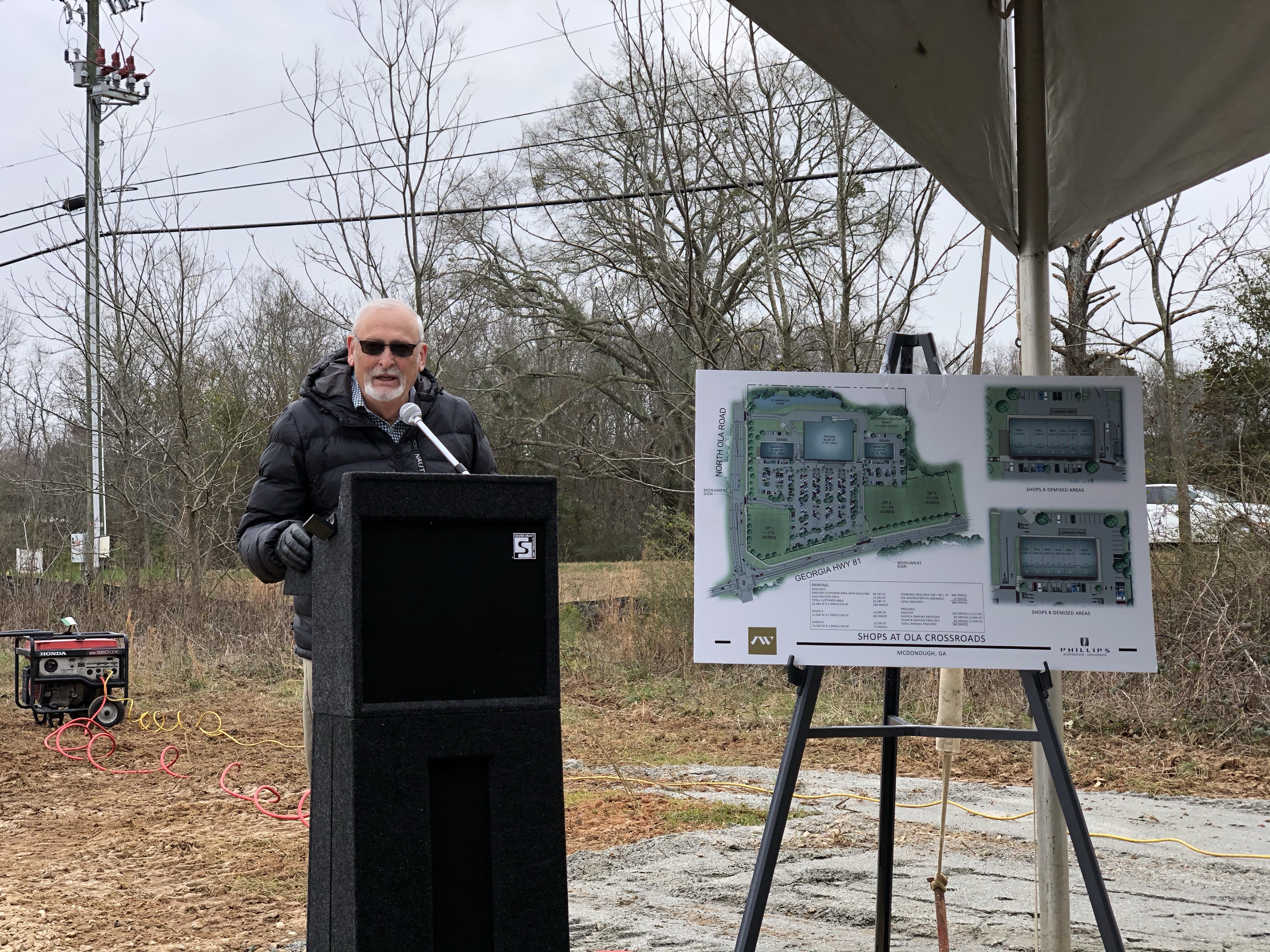 Photo of Commissioner Gary Barham addressing the audience at the groundbreaking ceremony for Shoppes at Ola Crossroads (staff photo)