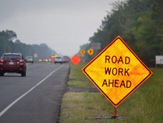 Photo of road work ahead sign in a work zone (Georgia DOT photo)