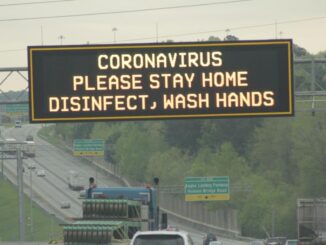 Photo of interstate message board advising about Coronavirus (Clayton News photo / Robin Kemp)