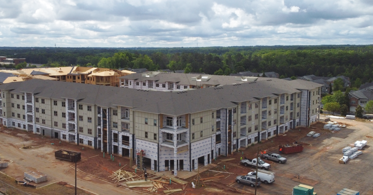 Aerial photo of Canyon Springs apartments under construction in April 2020 (staff photo)