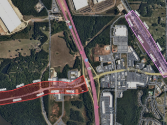 Location of planned transportation projects in Locust Grove. Photo shows highway 42 between Bill Gardner Parkway and Marketplace Blvd, and Bill Gardner Parkway west of I-75 (Locust Grove photo).