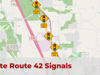 Map of upcoming traffic signal projects on state route 42 in Locust Grove (OpenStreetMap map).