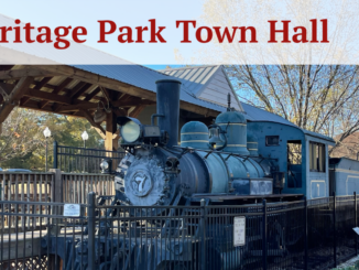 Photo of historic train at Heritage Park with cover text “Heritage Park Town Hall” (Clayton Carte photo).
