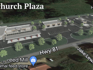 Upchurch Plaza architectural rendering at SR 81 & Upchurch Road (GM Architect rendering / Google satellite image).