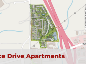 Area map of I-75 exit 212 and Price Drive in Locust Grove with a concept site plan showing apartments and townhomes off Price Drive.