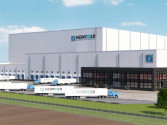 Building rendering showing a large distribution center with very high ceilings to accommodate automated cold storage (NewCold photo).