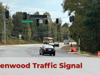 Photo showing the intersection of state route 155 at Greenwood Industrial with a new traffic signal (Clayton Carte photo).