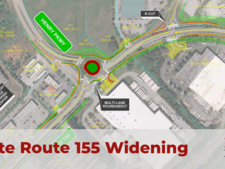 Photo showing concept for new four-lane state route 155 following widening project. Project includes a proposed two-lane roundabout at the intersection with Henry Parkway (Georgia DOT photo).