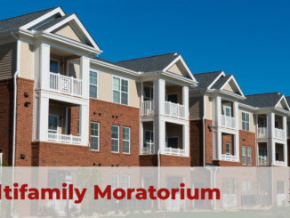 Photo of garden-style apartments with text “multifamily moratorium” (stock photo).