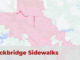Map shows location of four sidewalk projects by the city of Stockbridge; the city approved a design contract for each project in February 2023 (Google MyMaps photo).