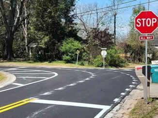 Photo showing new three-way stop at McDonough Street and Derrick Avenue in Hampton (Marty Meeks photo).