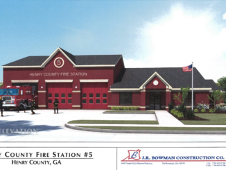 Photo shows architectural rendering for rebuilt fire station 5 in Hampton. Building has three vehicle bays with red brick exterior (J.R. Bowman Construction / Howell Group photo).