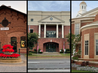 Photo collage showing the Hampton train depot, McDonough city hall and Stockbridge city hall (Clayton Carte photos and Stockbridge photo).
