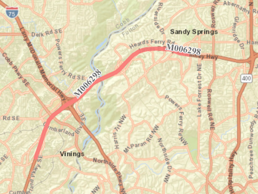 Map shows the location of I-285 resurfacing approved in August 2024 between Paces Ferry Road and Long Island Drive (Georgia DOT map).