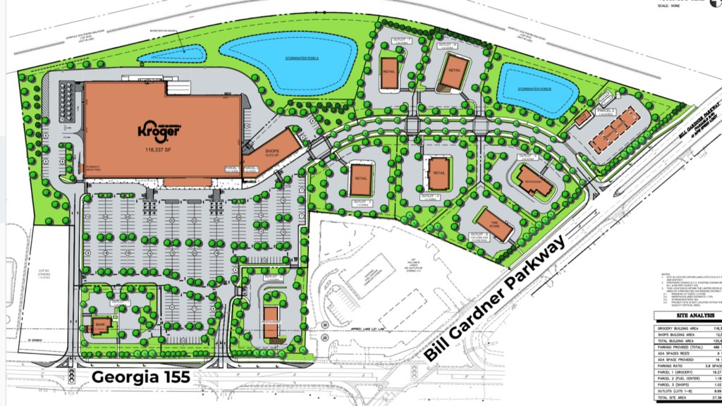 Photo shows the concept site plan for Kroger Marketplace Locust Grove with the street names enlarged (Robertson Loia Roof Architects site plan)