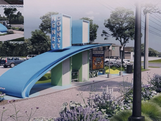 Photo shows concept art for a Henry County bus stop with a large H about 12’ tall resembling the county’s logo as the center piece (Sizemore Group, LLC / Henry County concept).