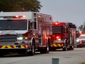 Photo shows Henry County Fire Rescue fire engines parked with the lights on (Henry County Fire Rescue photo).