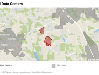 Map shows the location of two proposed data centers, located west of I-75 in Henry County (Clayton Carte / MHF News map created with Datawrapper).