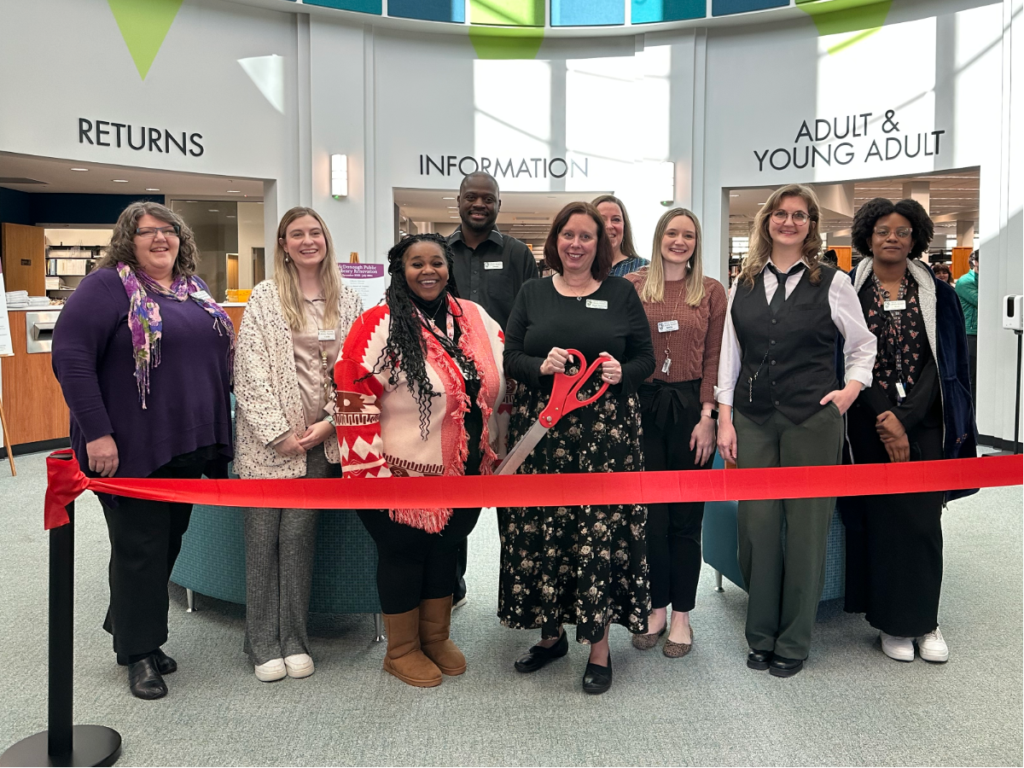 Members of the McDonough library staff at the renovations ribbon-cutting, January 9, 2025 (Clayton Carte photo).