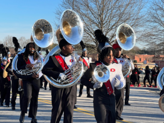 Photo shows members of the Dutchtown High School marching band in January 2023 (Henry County Schools photo).