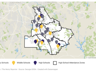 Map shows the lowest-performing schools in Henry County, as determined by a state list, for student eligibility of the Georgia Promise scholarship (Clayton Carte / The Henry Reporter map created with Datawrapper).