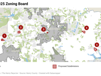 Map shows the location of proposed subdivisions scheduled for the March 2025 zoning board meeting (Clayton Carte / The Henry Reporter map created with Datawrapper).
