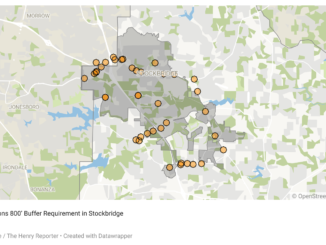 The map shows the location of gas stations within the city of Stockbridge and an 800' buffer around them (Clayton Carte / The Henry Reporter map created with Datawrapper).