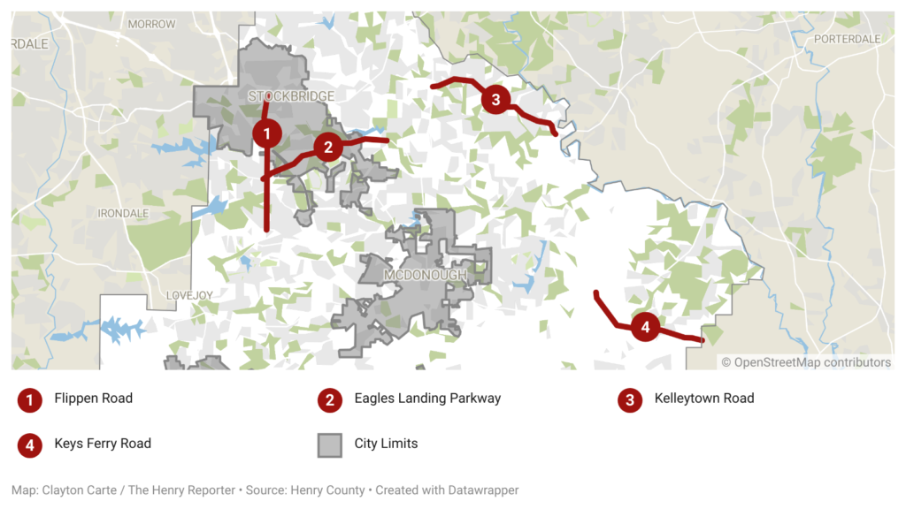 Map shows the location of four major roads slated for resurfacing in Henry County in 2025 (Clayton Carte / The Henry Reporter map created with Datawrapper).