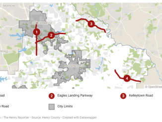 Map shows the location of four major roads slated for resurfacing in Henry County in 2025 (Clayton Carte / The Henry Reporter map created with Datawrapper).