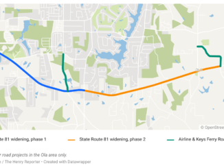 Map shows the state route 81 widening projects, phases 1 and 2 (Clayton Carte / The Henry Reporter map created with Datawrapper).