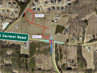Photo shows a concept layout for a new roundabout at Mt Carmel Road and North Mt Carmel Road (Henry County concept / road sign added by The Henry Reporter).