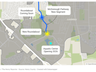 Map shows the Henry Parkway at Henry Parkway Connector intersection and vicinity in McDonough (Clayton Carte / The Henry Reporter map created with Datawrapper).