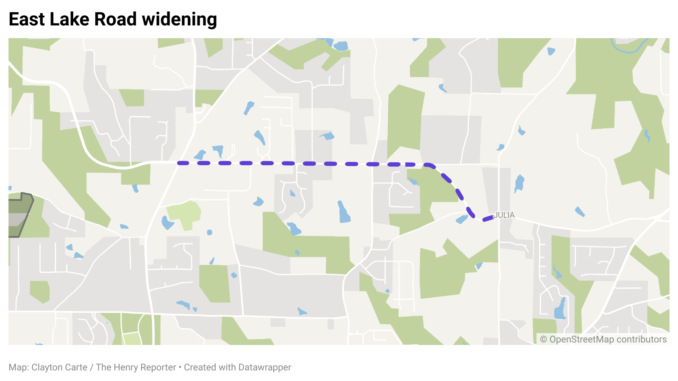 East Lake Road widening Map shows the East Lake Road widening project between State Route 155 and Airline Road (Clayton Carte / The Henry Reporter map created with Datawrapper).