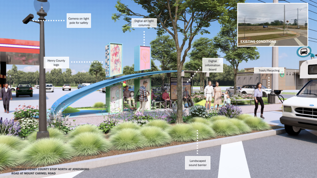 Image shows a concept for public art at the Jonesboro Road at Mt. Carmel Road bus stop (Henry County photo).