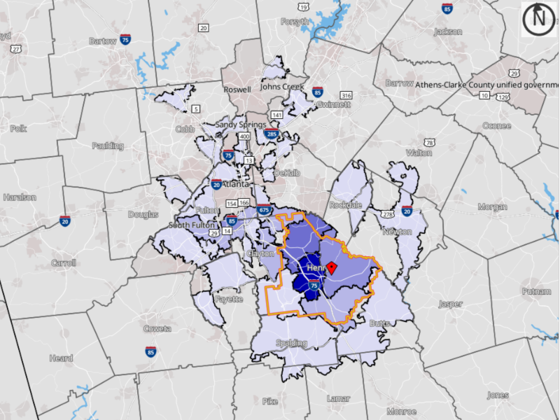 Map shows the top 50 ZIP codes where Henry County residents commuted for their job in 2022 (Census OnTheMap image).