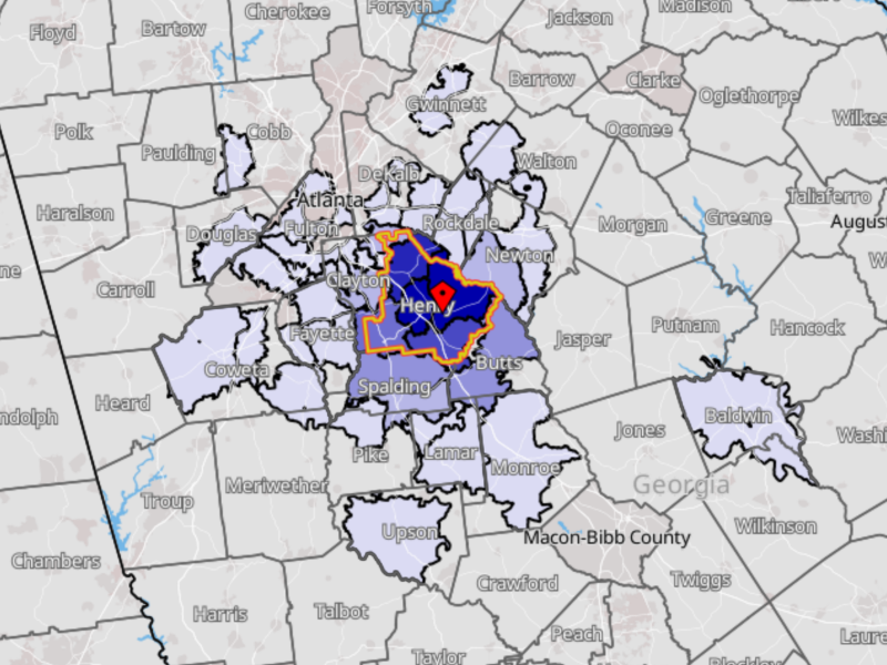 Map shows the top 50 ZIP codes where Henry County employees commuted from in 2022 (Census OnTheMap image).