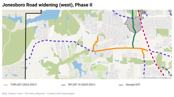 Jonesboro Road widening (west), Phase II Map shows the Jonesboro Road widening (west), phase II project between North Mt. Carmel Road and Clayton County (Clayton Carte / The Henry Reporter map created with Datawrapper).