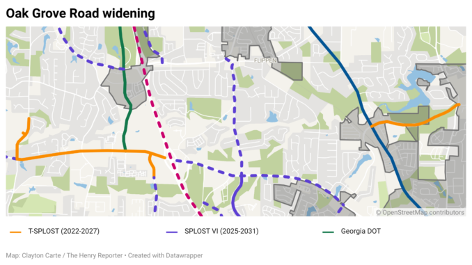 Oak Grove Road widening Map shows the Oak Grove Road widening project between Jodeco and Jonesboro Roads (Clayton Carte / The Henry Reporter map created with Datawrapper).