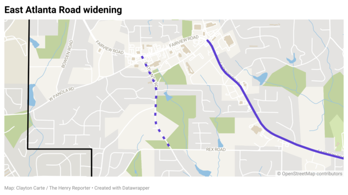 East Atlanta Road widening Map shows the East Atlanta Road widening project between Fairview Road and Rex Road (Clayton Carte / The Henry Reporter map created with Datawrapper).