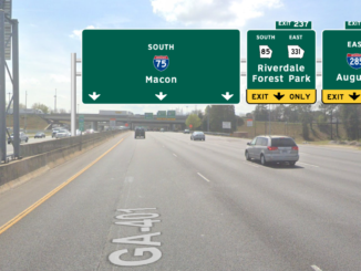 Image shows a concept sign for I-75 South at I-285 near Hartsfield-Jackson Airport (Google photo with SignMaker sign).