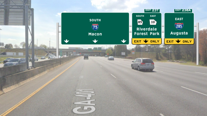 Image shows a concept sign for I-75 South at I-285 near Hartsfield-Jackson Airport (Google photo with SignMaker sign).